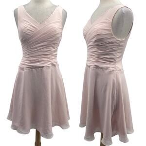 JJs House Chiffon Mini Dress Fit & Flare Pleated Bodice Vneck Blush Pink NEW 8